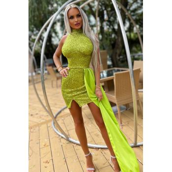 Rochie Eleganta din Paiete, Fara Maneci si Trena Atasata pe o Parte, Goldess, Lime