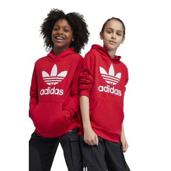 adidas Originals bluza copii TREFOIL culoarea rosu, cu glugă, cu imprimeu de firma originala