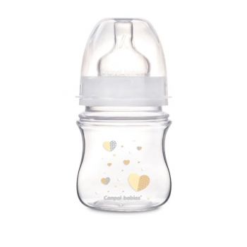 Biberon anticolici Canpol babies cu gat larg 120ml EasyStart Newborn inimioare bej 35216