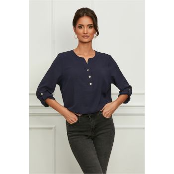 Bluza Caterina bleumarin cu maneci prinse cu nasturi