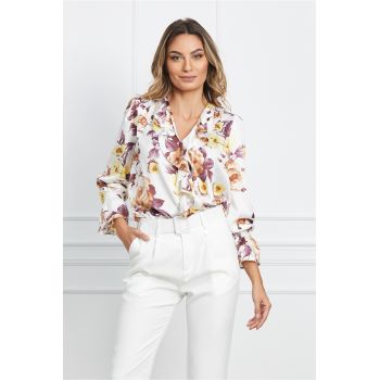 Bluza Dy Fashion din satin alba cu flori galbene si volan pe bust