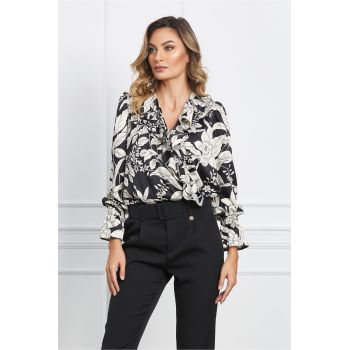 Bluza Dy Fashion din satin neagra cu flori alba si volan pe bust