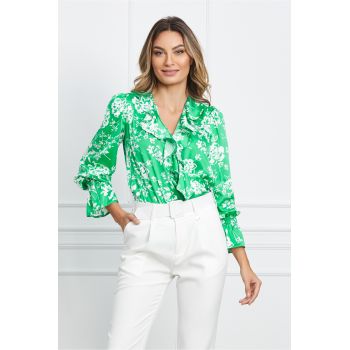 Bluza Dy Fashion din satin verde cu flori albe si volan pe bust