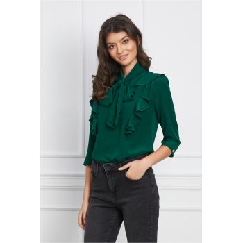 Bluza Dy Fashion verde cu volanase pe bust si funda la guler