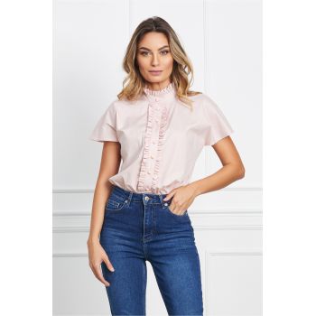 Camasa Dy Fashion roz cu volanase si guler incretit