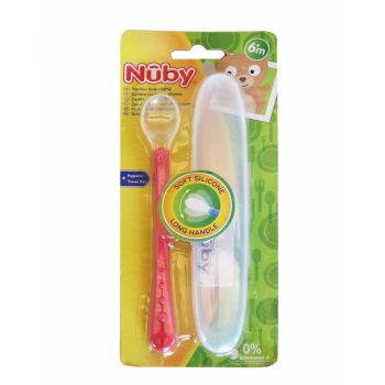 Lingura din silicon Nuby pentru bebelusi 13 cm 6 luni + albastru