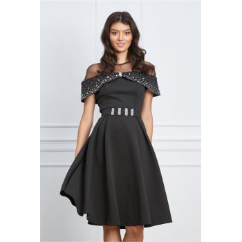 Rochie Cheryl neagra din neopren cu strasuri si curea in talie