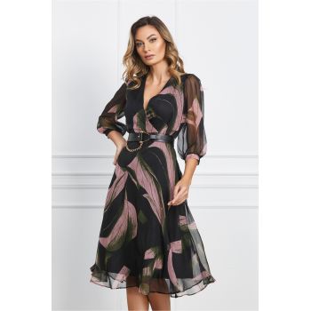 Rochie Christina neagra cu imprimeuri roz si curea in talie