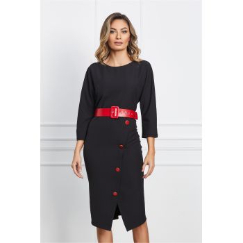 Rochie Doina neagra cu nasturi pe fusta si curea in talie