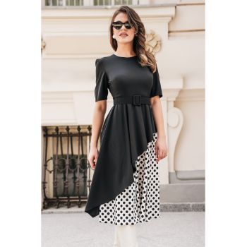 Rochie Dy Fashion neagra cu buline pe fusta si curea in talie ieftina