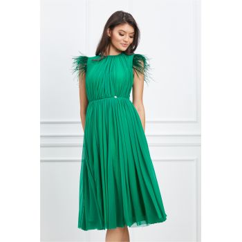 Rochie Dy Fashion verde cu pene la umeri