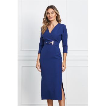 Rochie Kristina albastra office cu crepeuri pe fusta si curea in talie