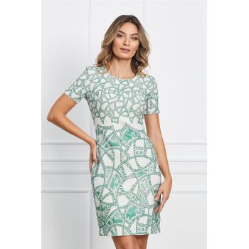Rochie Liana ivory cu imprimeu verde si bej