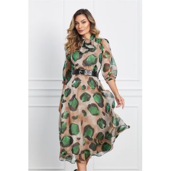 Rochie Lorena bej cu animal print verde si curea in talie