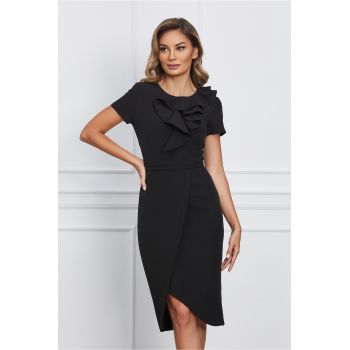 Rochie MBG neagra cu volan pe bust si fusta petrecuta