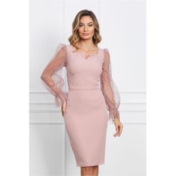 Rochie MBG roz cu buline catifelate pe maneci