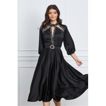 Rochie Mirabela neagra cu strasuri si tull la bust