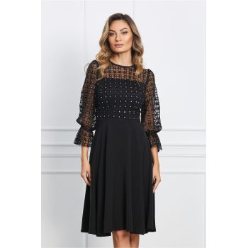 Rochie Moze neagra cu buline din glitter si insertii catifelate la bust