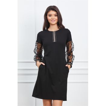 Rochie Moze neagra cu maneci din tull cu buline catifelate la reducere