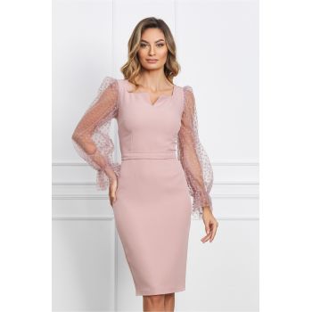 Rochie roz cu buline catifelate pe maneci