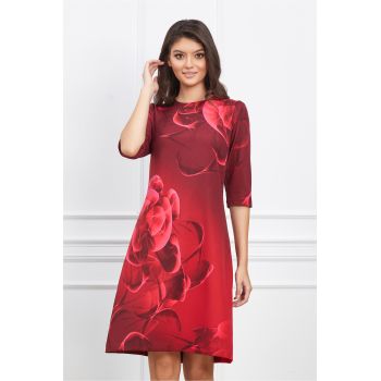 Rochie Viviana bordo cu imprimeuri floral fucsia la reducere