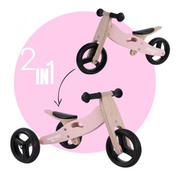 Tricicleta copii fara pedale Free2Move din lemn Pink, varsta 1-3 ani, transformabila in bicicleta de echilibru, scaun reglabil pe inaltime, un limitator de directie si roti silentioase