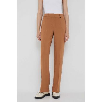 Dkny pantaloni femei, culoarea maro, drept, high waist ieftina