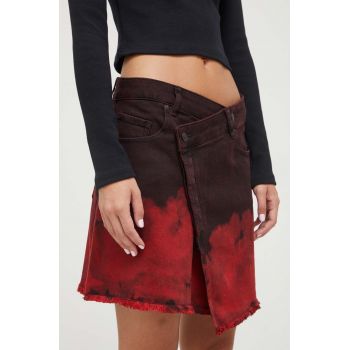 HUGO fusta jeans culoarea bordo, mini, drept