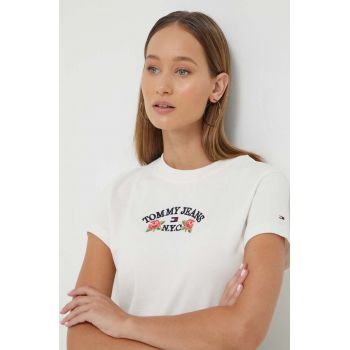 Tommy Jeans tricou din bumbac culoarea bej