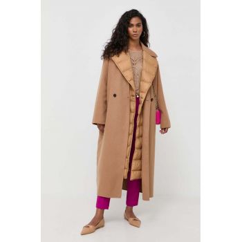 BOSS palton de lana culoarea bej, de tranzitie, cu doua randuri de nasturi de firma original