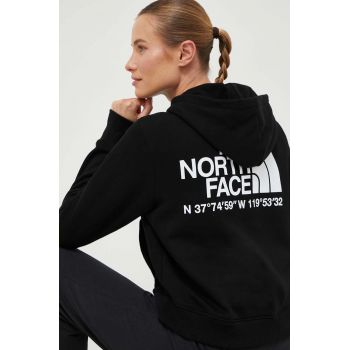 The North Face hanorac de bumbac femei, culoarea negru, cu glugă, cu imprimeu
