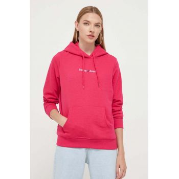 Tommy Jeans bluza femei, culoarea rosu, cu glugă, cu imprimeu