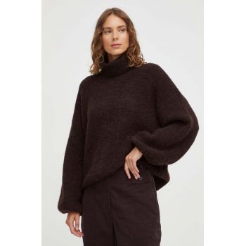 Gestuz pulover de lana femei, culoarea maro, călduros, cu guler de firma original