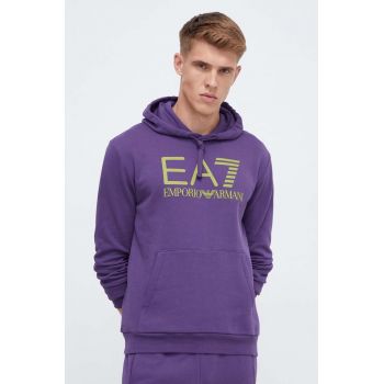 EA7 Emporio Armani hanorac de bumbac barbati, culoarea violet, cu glugă, cu imprimeu