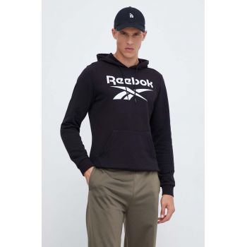 Reebok bluza barbati, culoarea negru, cu glugă, cu imprimeu de firma original