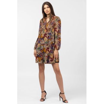 Rochie midi cu volane si imprimeu floral in nuante de toamna