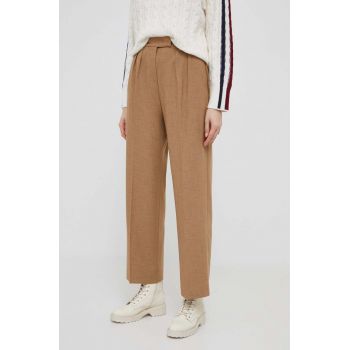 United Colors of Benetton pantaloni femei, culoarea maro, lat, high waist