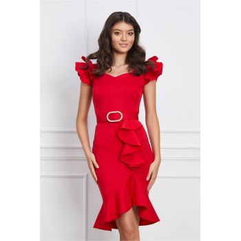 Rochie Alina rosie din neopren cu volan pe fusta si curea in talie