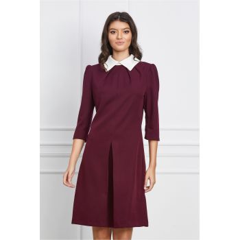 Rochie Dy Fashion bordo cu guler alb si pliu pe fusta