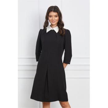 Rochie Dy Fashion neagra cu guler alb si pliu pe fusta