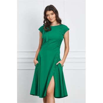 Rochie Dy Fashion verde cu funda si nasturi