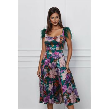 Rochie Dy Fashion verde cu imprimeuri florale si pene la umeri