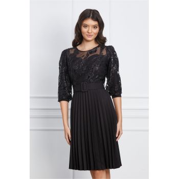 Rochie Veronica neagra cu glitter auriu la bust si curea in talie la reducere