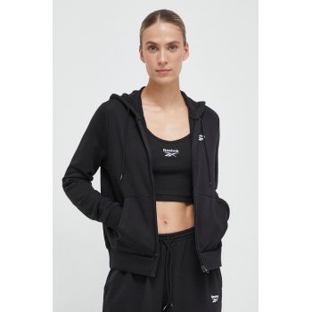 Reebok bluza femei, culoarea negru, cu glugă, neted