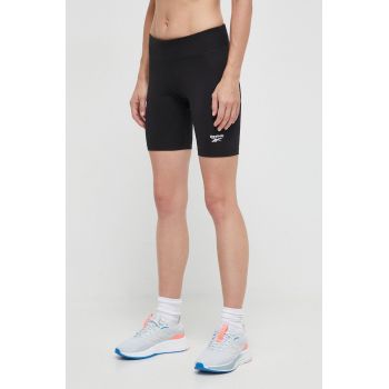 Reebok pantaloni scurti femei, culoarea negru, neted, high waist ieftini