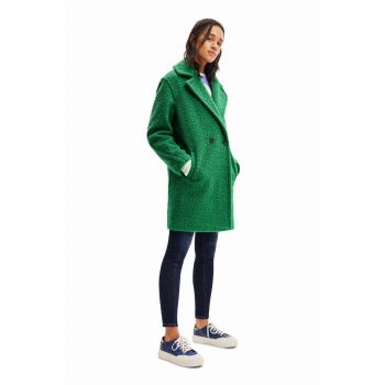 Desigual palton femei, culoarea verde, de tranzitie, cu doua randuri de nasturi