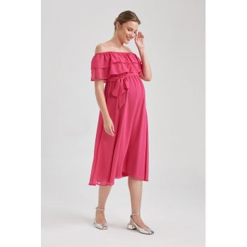 Rochie midi cu decolteu pe umeri