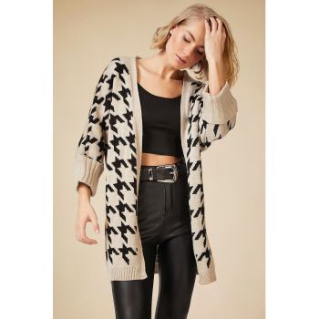 Cardigan cu imprimeu houndstooth fara inchidere