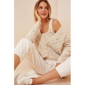 Set de top crop si cardigan din tricot cu model floral - 2 piese