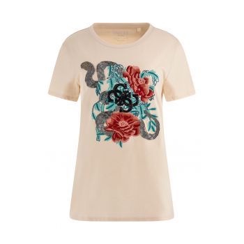Guess - Tricou cu detalii brodate si aplicatii cu strasuri